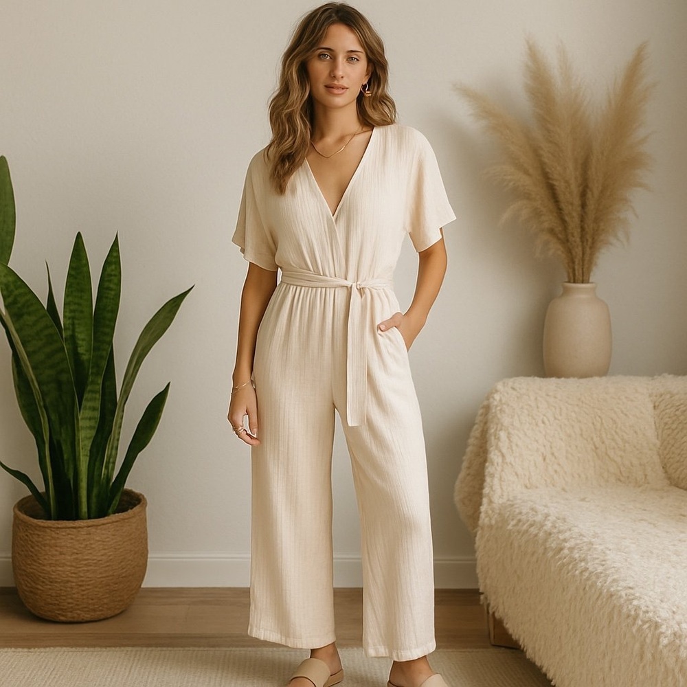 NWT Knot Sisters Small Cream Gold Shimmer Belted Wide Leg Jumpsuit for Women